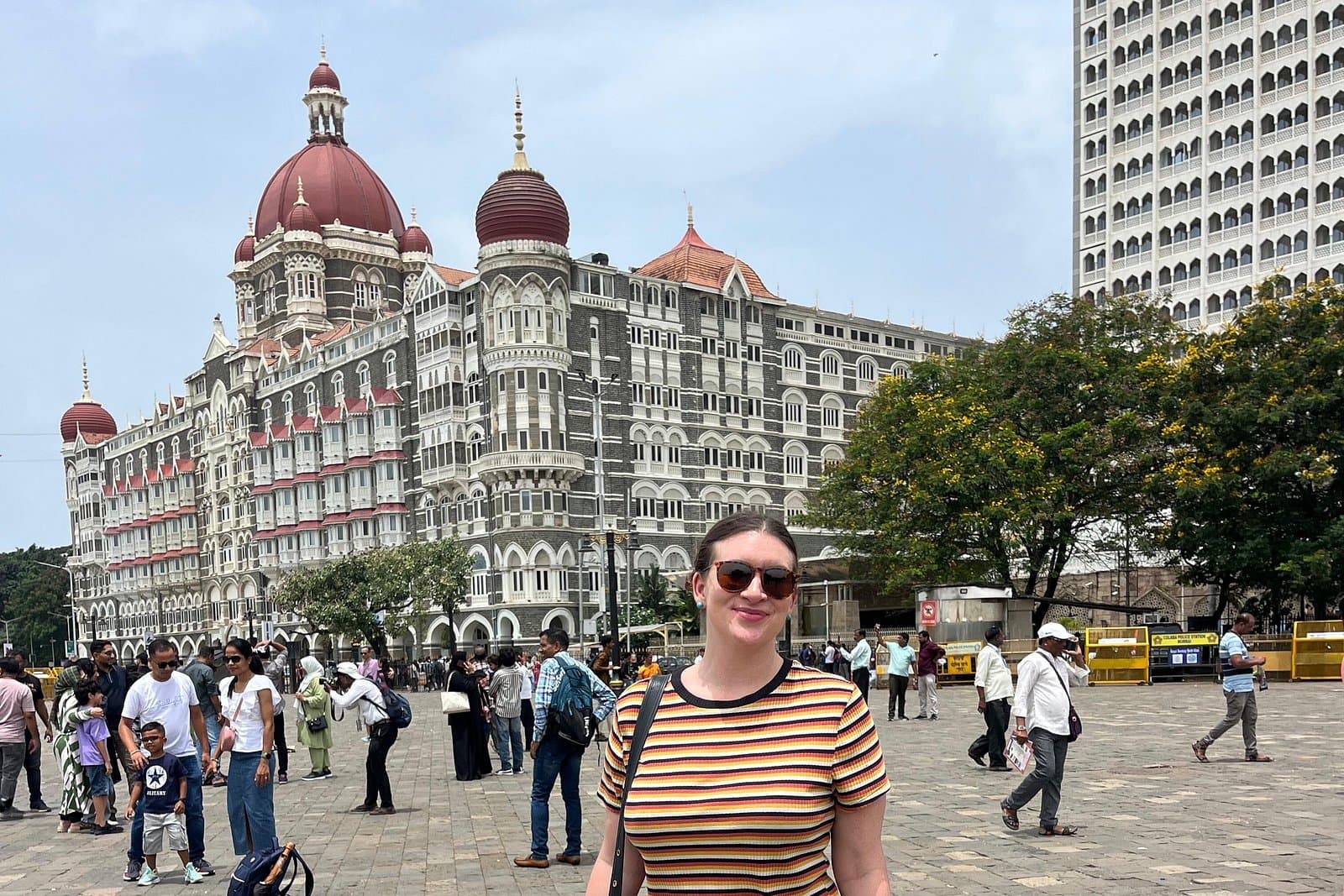 A guest in front of the Taj Mahal Palace Hotel