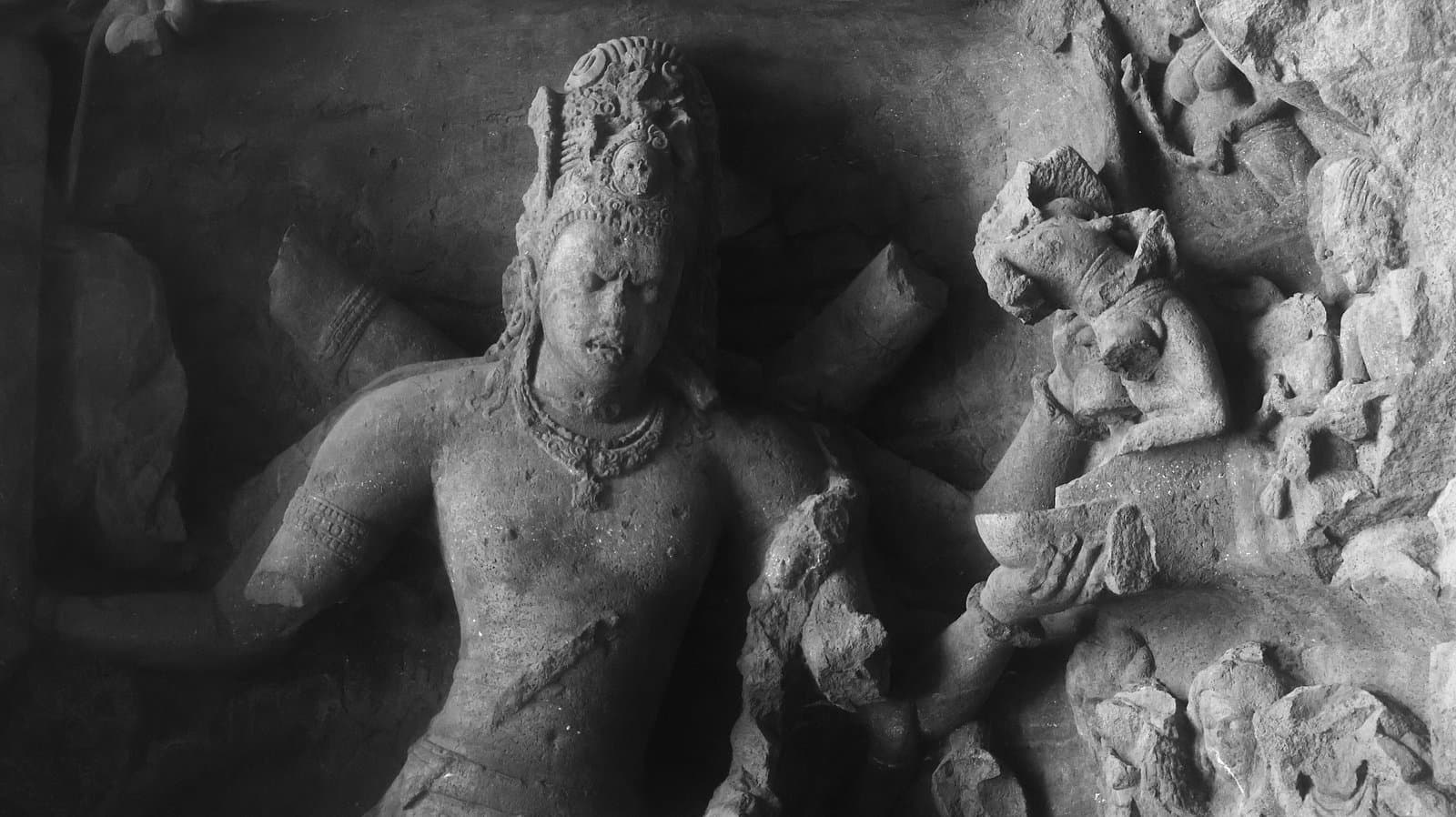 Detail of a carved face in the Elephanta reliefs