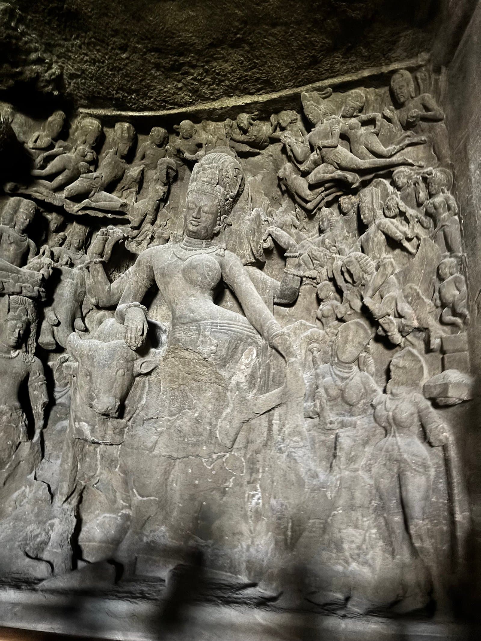 A carved panel of Shiva with the bull Nandi in the main cave