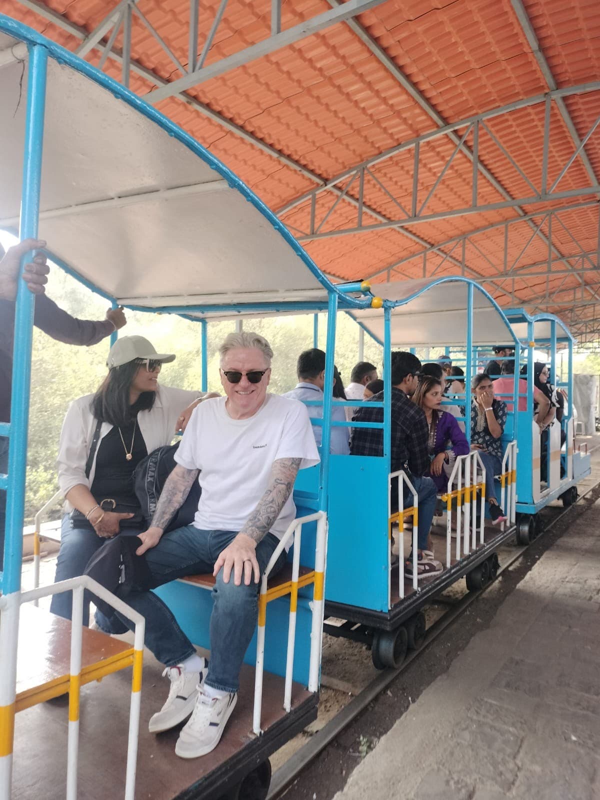 Guests riding the toy train