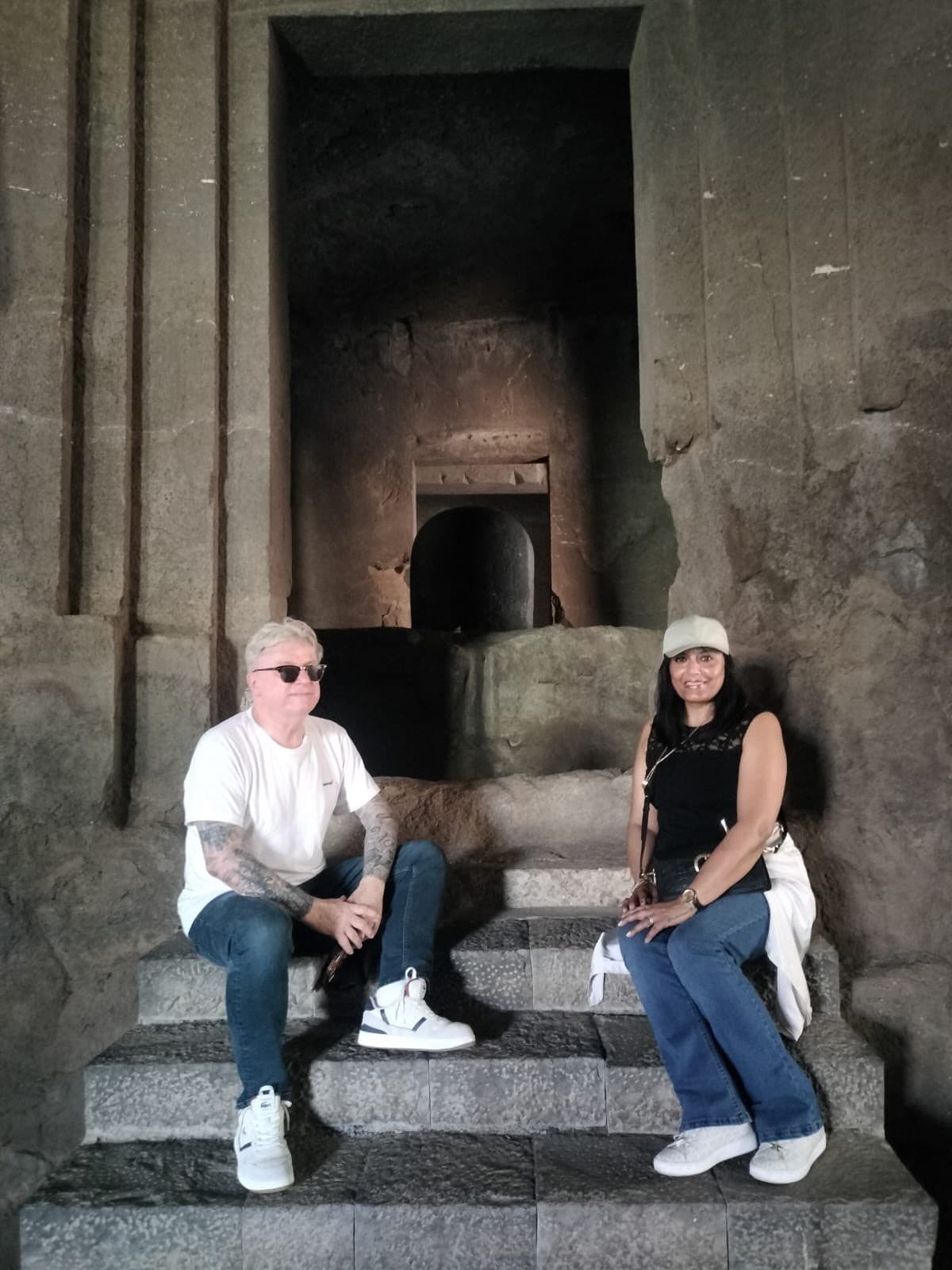 Guests on the steps of the Elephanta Caves