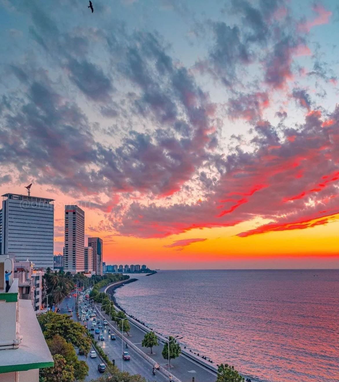 Marine Drive under a pink sunset sky